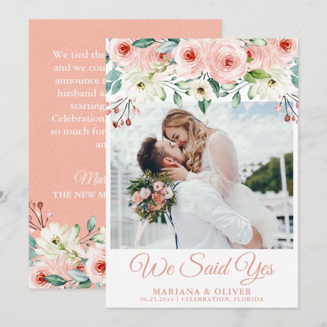 Faire-part de mariage floral pêche blanc (Devant / Derrière)