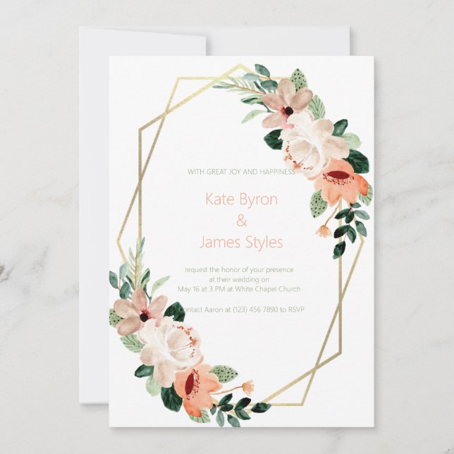 Faire-part de mariage floral pêche et crème (Devant)