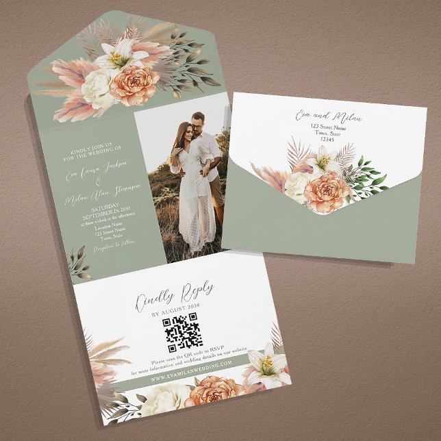 Faire-part de mariage floral pêche et sauge vert (Créateur téléchargé)