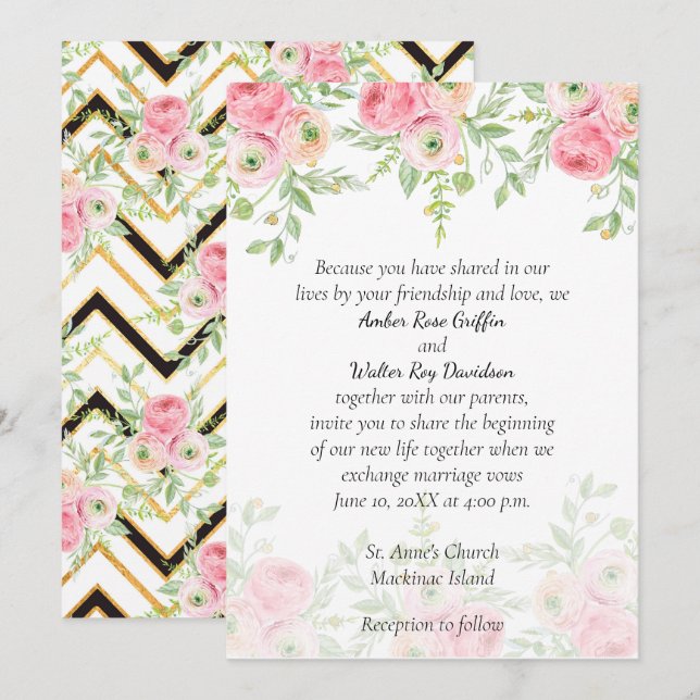 Faire-part de mariage floral pêche et vert (Devant / Derrière)
