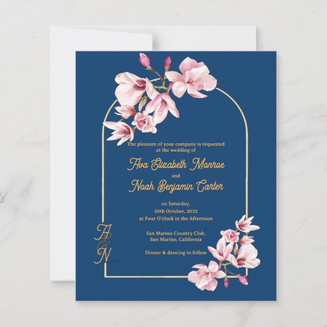 Faire-part de mariage floral photo Navy moderne (Devant)