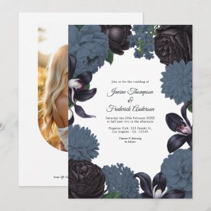 Faire-part de mariage floral Photo/QR Code Noir &