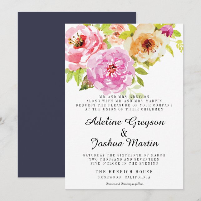 Faire-part de mariage floral | Pink and Navy (Devant / Derrière)