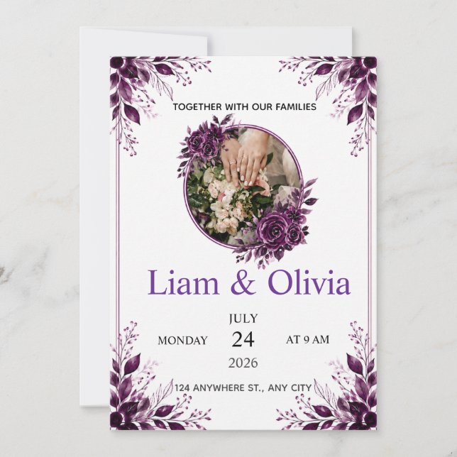 Faire-part de mariage floral pourpre (Devant)
