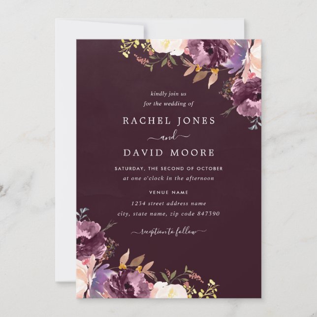 Faire-part de mariage floral pourpre aquarelle Blo (Devant)