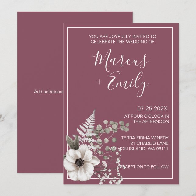 Faire-part de mariage floral pourpre et blanc (Devant / Derrière)