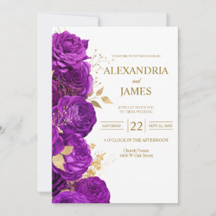 Faire-part de mariage floral pourpre et or