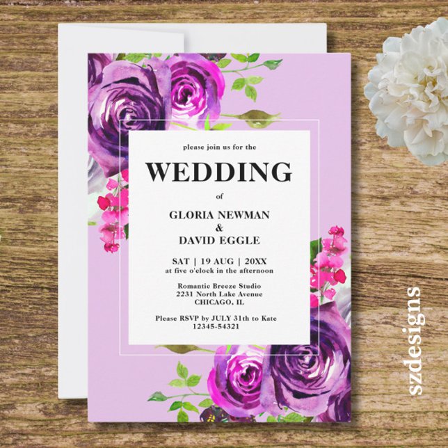 Faire-part de mariage floral pourpre romantique (Créateur téléchargé)