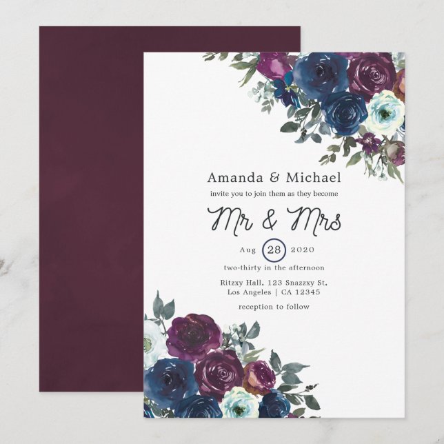 Faire-part de mariage floral prune et marine (Devant / Derrière)