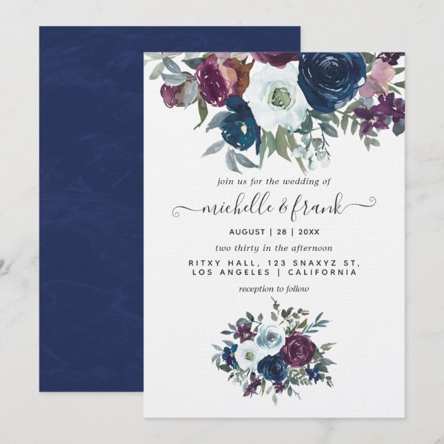 Faire-part de mariage floral prune et marine (Devant / Derrière)
