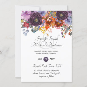 Faire-part de mariage floral prune roses orange po