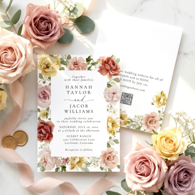 Faire-part de mariage floral QR Code d'été (Créateur téléchargé)