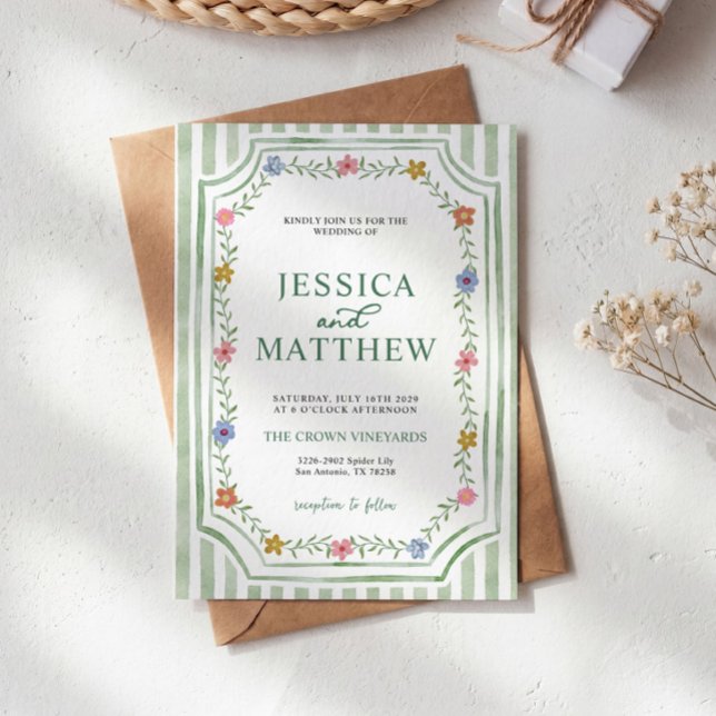 Faire-part de mariage floral rayé vert (Créateur téléchargé)