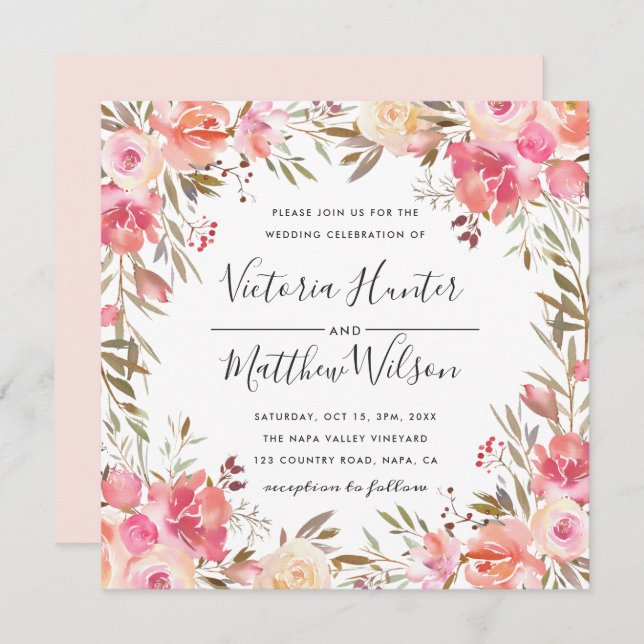 Faire-part de mariage floral romantique à fleurs b (Devant / Derrière)