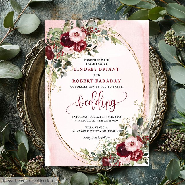 Faire-part de mariage floral romantique boho Marsa (Romantic Boho Marsala Gold Floral Wedding Invite)