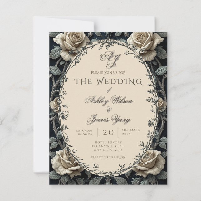 Faire-part de mariage floral romantique noir intem (Devant)