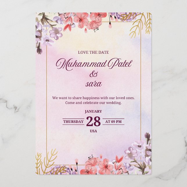 Faire-part de mariage floral romantique – Pâte élé (Recto)
