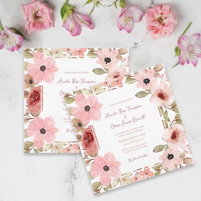 Faire-part de mariage floral romantique rose (Blush Pink Romantic Floral Wedding Invitation)