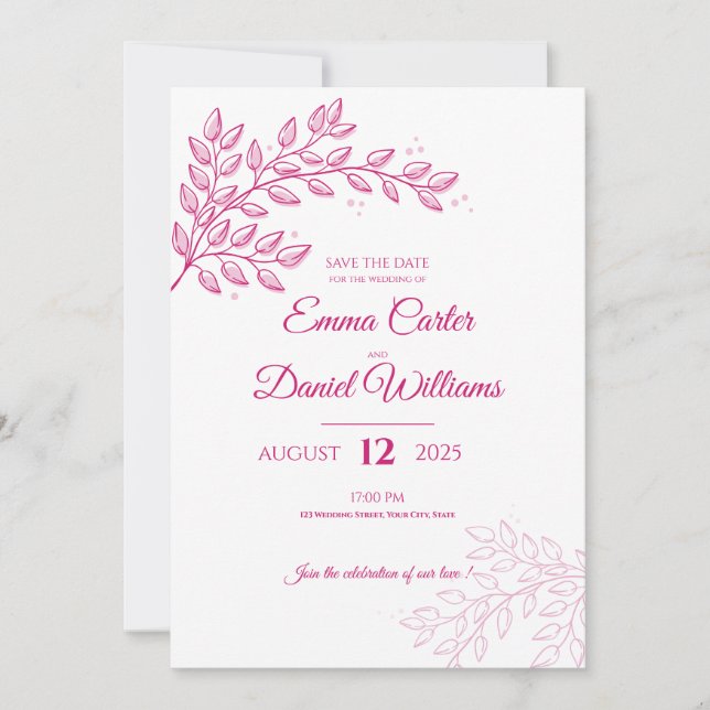 Faire-part de mariage floral rose (Devant)