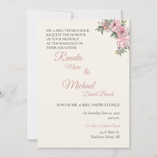 Faire-part de mariage floral rose (Devant)