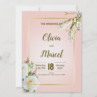 Faire-part de mariage floral rose avec cadre doré