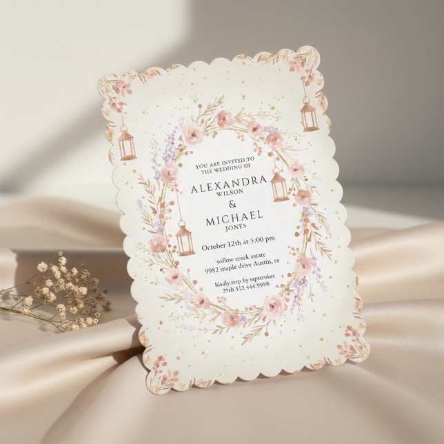 Faire-part de mariage floral rose avec lanternes (Elegant floral wedding invitation with soft blush tones)