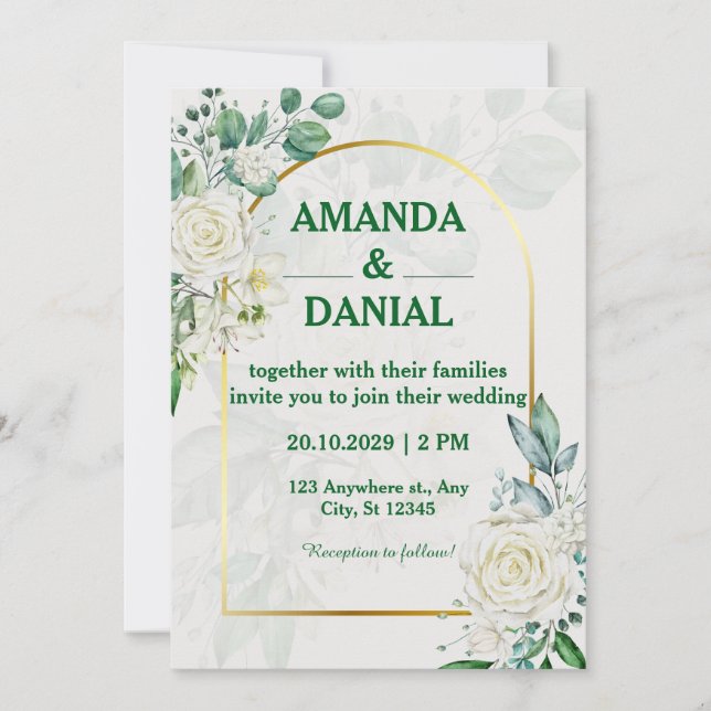 Faire-part de mariage floral Rose blanche Arc doré (Devant)