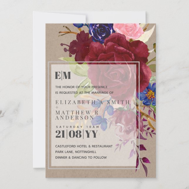 Faire-part de mariage floral rose bleu de Bourgogn (Devant)