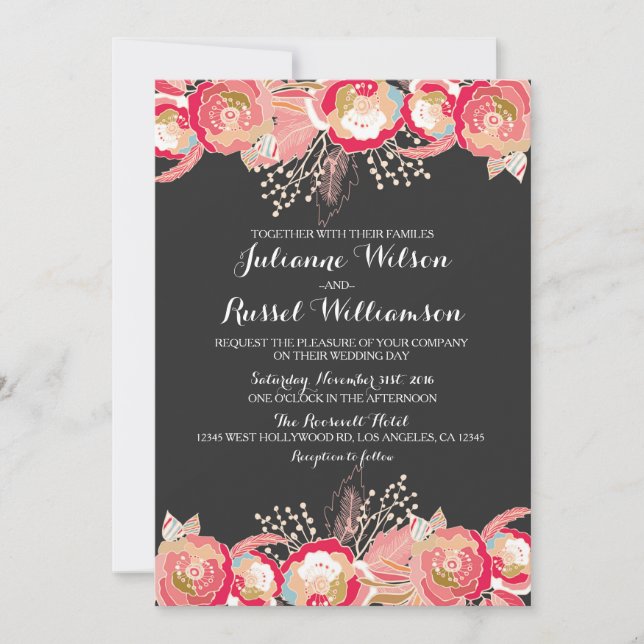 Faire-part de mariage floral rose blush et tableau (Devant)