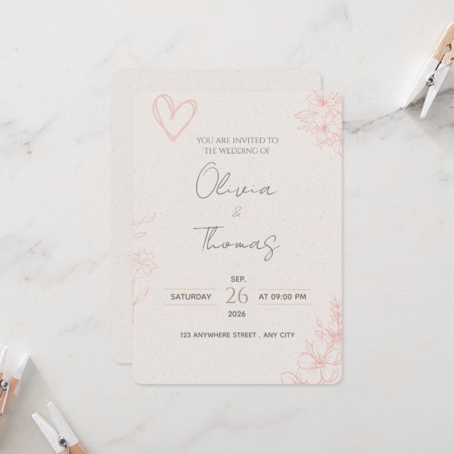 Faire-part de mariage floral rose blush minimalist (Devant/Arrière en situation)