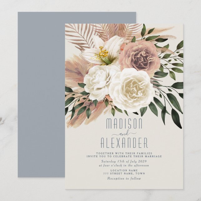 Faire-part de mariage floral rose boho bleu poussi (Devant / Derrière)
