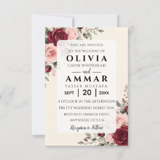 Faire-part de mariage floral rose Bourgogne et blu