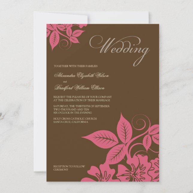 Faire-part de mariage floral rose/Brown moderne (Devant)