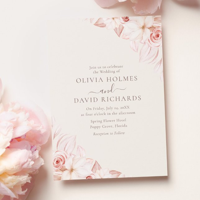 Faire-part de mariage floral rose couleur rose blu (Romantic Beige and Pink Roses Wedding Invitation on pink table with pink roses.)