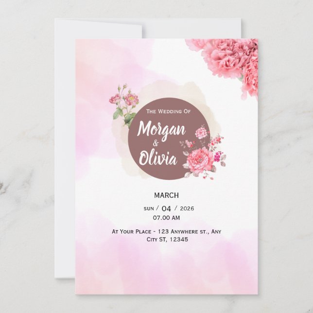 Faire-part de mariage floral rose élégant (Devant)