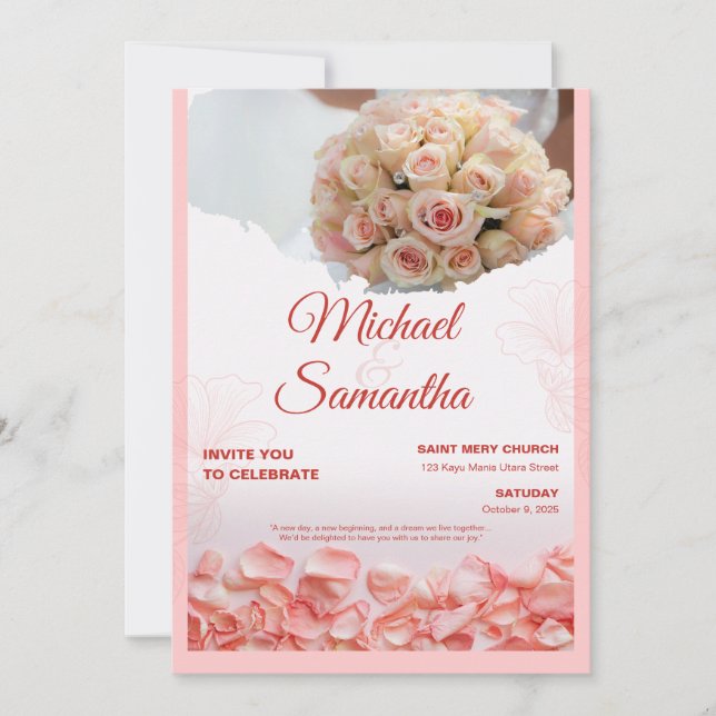 Faire-part de mariage floral Rose Élégant  (Devant)