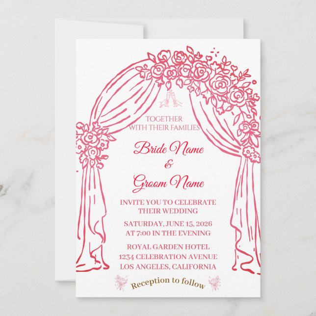 Faire-part de mariage floral rose élégant (Devant)