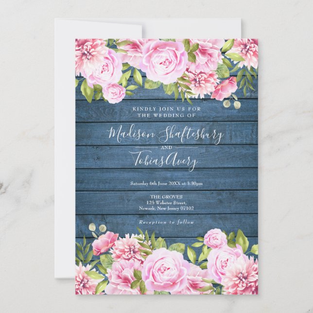Faire-part de mariage floral rose en bois rustique (Devant)