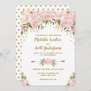 Faire-part de mariage floral rose et or