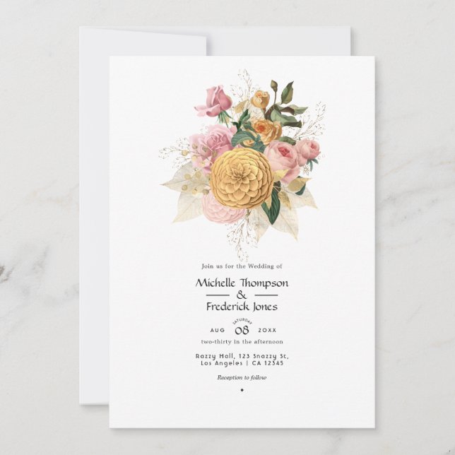 Faire-part de mariage floral rose et or (Devant)