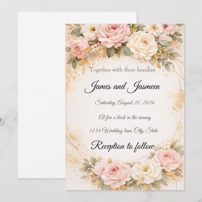 Faire-part de mariage floral rose et or élégant (Devant / Derrière)