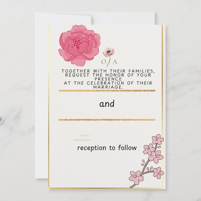 Faire-part de mariage floral rose et or | Fleur de (Devant)