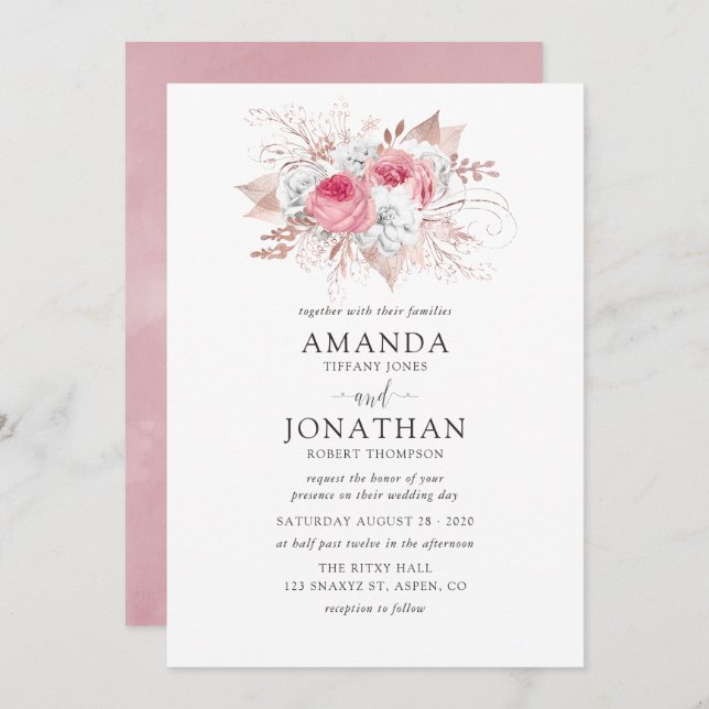 Faire-part de mariage floral rose et or Rose (Devant / Derrière)