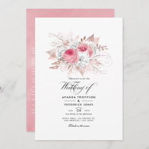 Faire-part de mariage floral rose et or Rose