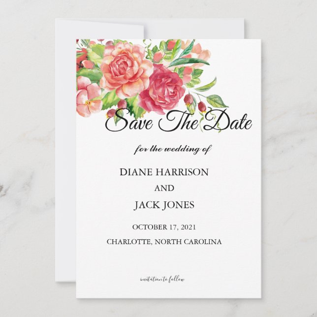 Faire-part de mariage floral rose et pêche (Devant)