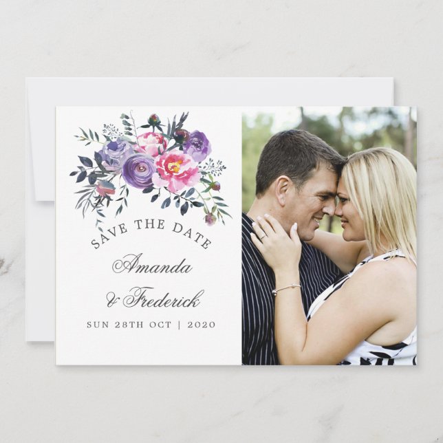 Faire-part de mariage floral rose et prune (Devant)
