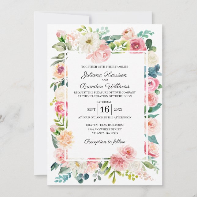 Faire-part de mariage floral rose et rose (Devant)