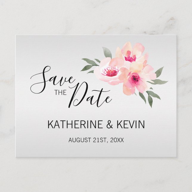 Faire-part de mariage floral rose gris aquarelle É (Devant)