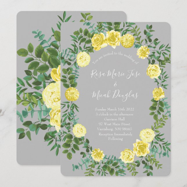 Faire-part de mariage floral Rose Gris Jaune Clair (Devant / Derrière)