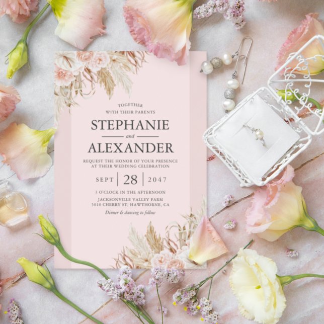 Faire-part de mariage floral rose herbe de la Pamp (Créateur téléchargé)